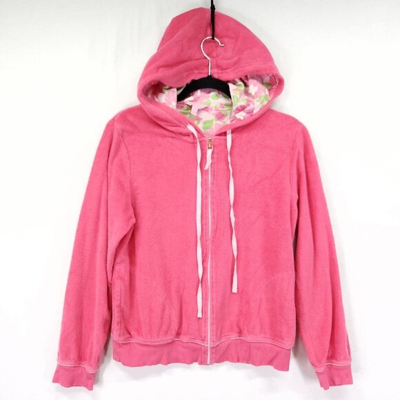 Lilly Pulitzer Full Zip Hoodie Size Large Y2K Pink Terry Cloth Jacket Pockets - Picture 1 of 12